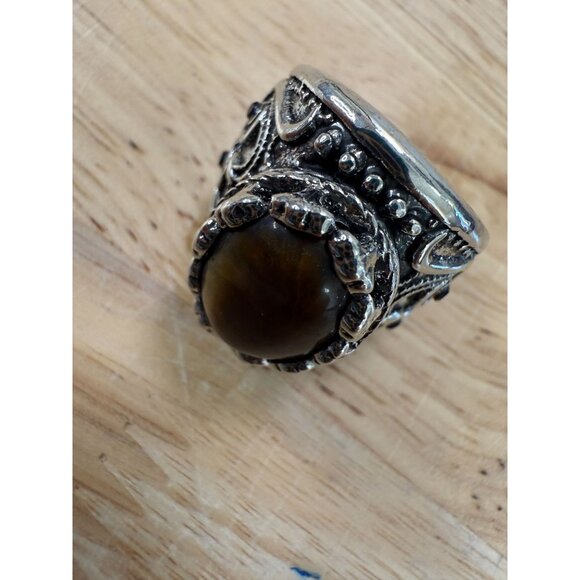 Tigers Eye Gemstone Ring With Intricate Silver-Tone Filigree Design Size 8 - Picture 5 of 13
